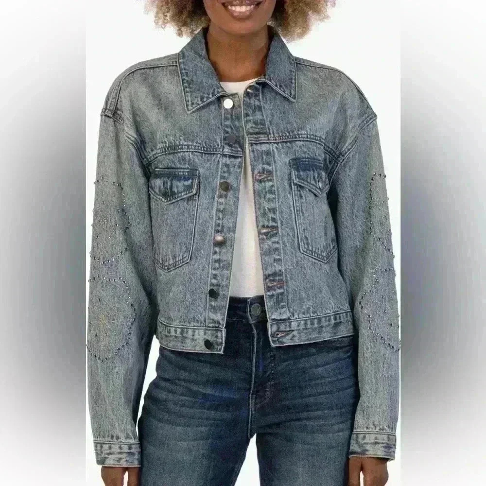 KUT from the Kloth Dolly Rhinestone Crop Denim Jacket in Fanciful Sz Medium NWT